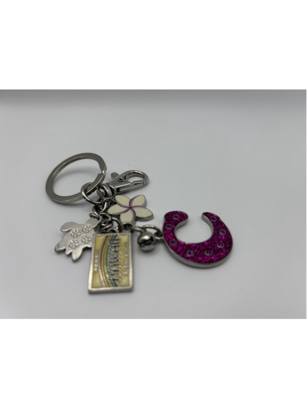 Hawaii Horseshoe Rainbow Plumeria Charm Souvenir Keychain Pink Glitter Metal - Picture 2 of 5